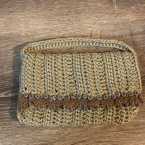 Handmade NWOT Small Crochet Wristlet in Tan and Brown with Silver Bead Accents